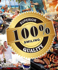 Collage of family grilling, BBQ skewers, 100% superior smiling quality seal, Complete 19-Piece BBQ Grill Utensil Set With Stainless Steel Tools