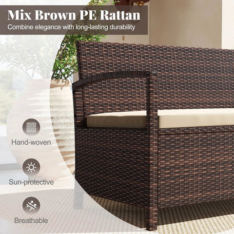 Outdoor Storage Bench With Cushioned Seat And Backrest 42 Gallon Rattan Deck Box With Acacia Wood Armrests And Sturdy Metal Frame