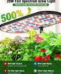 Close-up of 28W Full Spectrum LED Grow Light illuminating herbs in Hydroponics Growing System Kit With 16 Pods Indoor Garden.