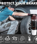 Mechanic using high-temp copper anti seize lubricant on car wheel for protection and maintenance.