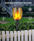 8 Pack Solar Torch Lights With Real Flickering Flame, Waterproof Outdoor LED Torches in garden, IP65 rating shown