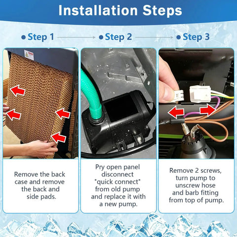Installation steps for Ultra Quiet Evaporative Cooler Water Pump Replacement showing removal and connections.