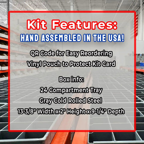 Grade 10.9 JIS Hex Flange Bolts And Serrated Flange Nuts Kit features in tray, hand assembled in USA, with QR code for easy reorder, vinyl pouch, and tray dimensions, great for auto, machinery, and DIY projects, zinc clear finish.