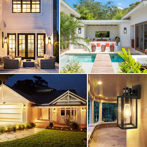 Collage of Two Pack Motion Sensor Outdoor Lights Dusk To Dawn Wall Mount Fixtures on various home exteriors and porches
