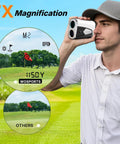 Golfer using Slope Golf Rangefinder with 1500 yards range and 7X magnification, showcasing flag pole lock and distance display.