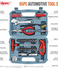 65 Piece Compact Auto Garage Tool Kit With Digital Tire Pressure Gauge and Magnetic Pickup in open blue case