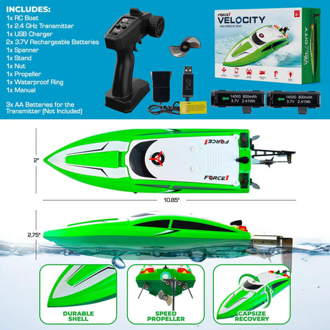 Velocity Green Fast RC Boat For Pools And Lakes High Speed Remote Control Boat For Grownups And Kiddos Underwater Driving Action 2.4GHz Transmitter Dual Rechargeable Batteries Low Battery Alert Auto Capsize Recovery with accessories