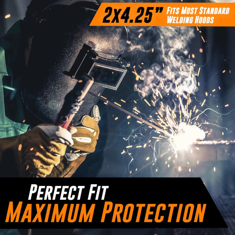 Top Shelf 2X4 Clear Welding Lens Covers 100 Pack For Pipeliner Helmets in use during welding work with sparks.