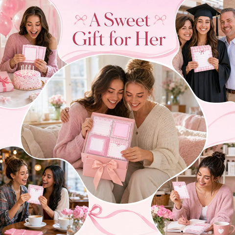 Collage of women receiving Totally Cute Bow Sticky Notes For Students With Pink Gingham Design in various settings.