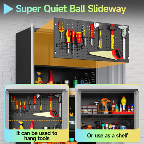 Tough As Nails Heavy Duty Metal Storage Cabinet With Smooth Ride Wheels featuring tools on lockable pegboard panels.