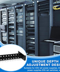 Black 19 Inch Rack Mount DIN Rail Kit Aluminum Alloy Adjustable Rails Bracket for industrial media converters and Ethernet switches.