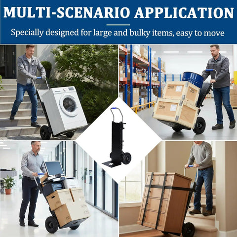 Electric Stair Climbing Hand Truck Featuring a Robust 1500W Motor and 880 Lbs Load Rating moving large items in various settings.