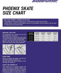 Bladerunner Phoenix skate size chart with instructions and foot measurement illustrations