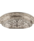 Baroque Scroll Work Brushed Nickel Cup Pull For Cabinets And Drawers, featuring ornate design, zinc construction, vintage inspired