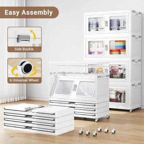 Hella Spacious Heavy Duty Stackable Storage Bins With Smooth Rollers And Snap Down Lids Kickass Collapsible Plastic Cabinet Drawers For Organizing Home Garage Setup Pack Of 6 White assembly display with side buckle and universal wheels.