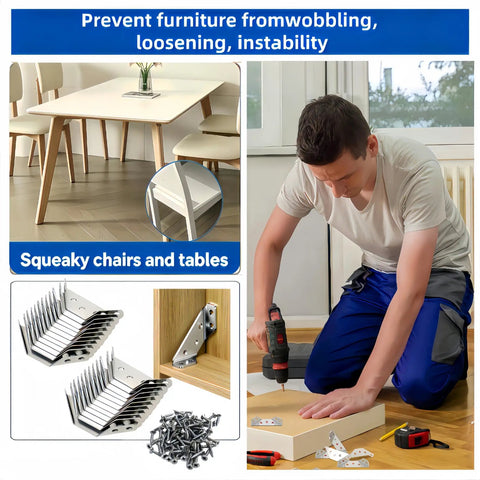 Twenty Pack Hella Tough As Nails Heavy Duty Stainless Steel Corner Brackets For Wood Frames used to stabilize table legs and prevent wobbling.