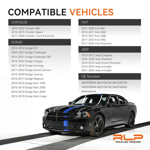 Image of a black Dodge Charger displaying its compatible vehicles list for Premium TPMS Sensor 433Mhz Tire Pressure Monitoring System.