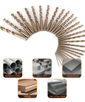 Cobalt Drill Bit Set 29 Piece Pro Grade M35 High Speed Steel One Sixteenth To One Half Inch Jobber Length For Hardened Metal Stainless Steel Cast Iron Wood And Plastics In Durable Metal Index Box displaying drill bits and materials