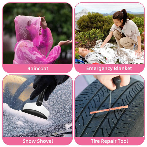 Pink Car Emergency Kit With Jumper Cables And Tow Strap, Roadside Safety Tools showing raincoat, emergency blanket, snow shovel, tire repair tool