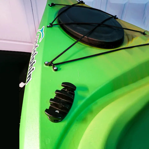 Heavy Duty Kayak Cleat Kit for Anchor and Rigging installed on green kayak deck, black nylon cleat with stainless screws for securing.