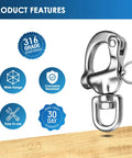 Built Tough 316 Stainless Steel Quick Release Snap Shackle Heavy Duty Marine Hardware For Boat Rigging And Towing 880 Pound Working Load 2 Pack showing features and close-up view.