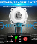 Get Your Car Work Done Fast With This Badass 21V Brushless Cordless Impact Wrench Set showing forward/reverse switch and battery indicator.