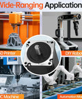 Front face of Nema 34 stepper motor with shaft; silver plate, black housing; collage features CNC, 3D printer, and robots.