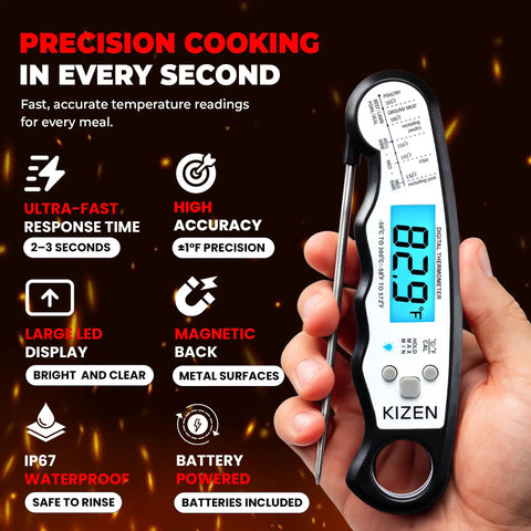 Instant Read Digital Meat Thermometer with backlit display showing temperature, IP67 waterproof, magnetic back in hand.