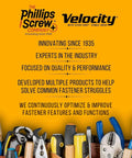 Phillips Screw Company and Velocity branding with tools illustration, emphasizing innovation and quality since 1935