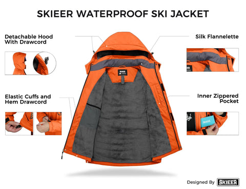 Men's Waterproof Ski Jacket With Fleece Liner, Rainproof Warm Snow Coat, 10,000mm Waterproof Rating, Orange Large, Features Detailed