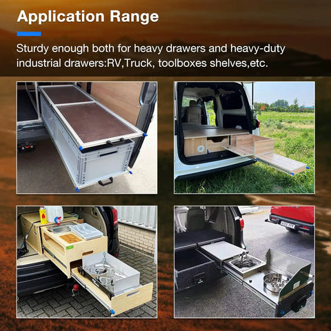 Heavy Duty Locking Drawer Slides With 250 Pound Load Capacity Full Extension Side Mount Rail System For Custom Cabinetry And Garage Shop Storage in various applications.