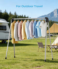 Foldable Clothes Drying Rack Portable Laundry Stand Sturdy Hanging Bars Compact Airer For Apartments Dorm Rooms Closets Quick Dry Setup Zero Fuss Easy Everyday Storage with colorful shirts outdoors