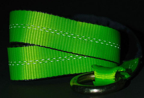 Close-up of high-viz green webbing from 4 Pack 2 Inch By 8 Foot Car Tie Down Ratchet Straps With Chain Anchors, 3335 LBS WLL