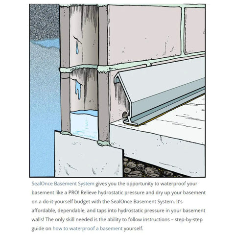 Solid All In One Basement Flood Defense System With Baseboard Channel Drains And Sump Pump Station showing water drainage solution in action.