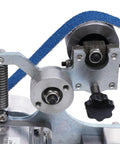 Close-up of Straight Up Solid Desktop Belt Sander Kicking Five Fifty Watts For Polishing And Grinding parts and mechanisms.