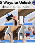 Game Changing Smart Cabinet Lock With Sleek Hidden Design For Baby Proofing Toddler Safety Featuring five unlock methods including RFID, Mobile App, Apple Watch, NFC, and Alexa.