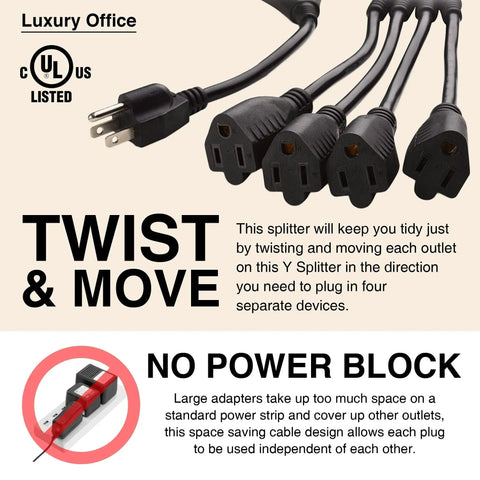 4 Way Power Splitter Pack Of 5 Turns One Outlet Into Four With Individual Cords 1.5 Foot 3 Prong Black SJT 16 AWG