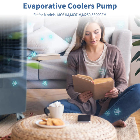 Woman reading near Evaporative Cooler Pump with Dry Burn Protection and Ultra Quiet Motor for MC61M MC61V M250 Models.
