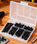 105 Piece Wood Screws Set With Black Oxide Finish And Phillips Drive, Six Sizes For Woodwork And Diy Projects in a box