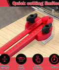 Heavy Duty Aluminum Thin Rip Jig Compatible With Table Saws Featuring Adjustable T Slot Track For Kickass Precision On Narrow Wood Cuts And No Sweat Setup Anytime, shown with adjustable guide rail on a table.