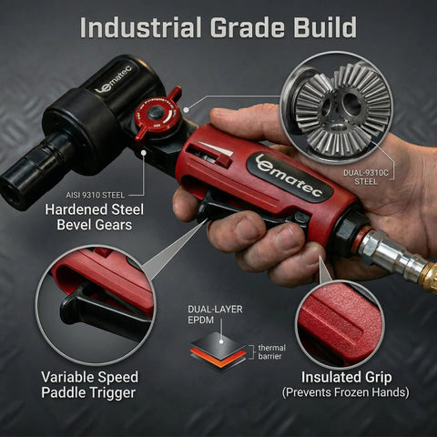 Air Die Grinder With Adjustable Swivel Head And 20000 RPM Pro Grade Portable Pneumatic Tool For Porting Weld Prep And Auto Detailing Quarter Inch Collet Variable Angle Grip with hardened steel bevel gears and insulated grip shown in use.