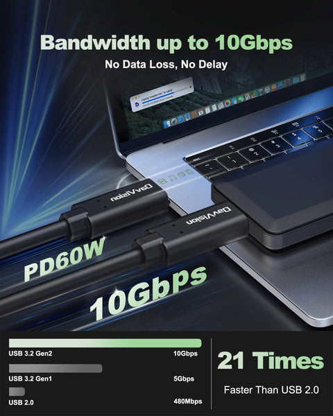Hassle Free 25 Foot Usb C Fiber Optic Cable With 10Gbps Data And 60W Fast Charge Usb 3.2 Gen2 connected to a laptop showing speed specs.