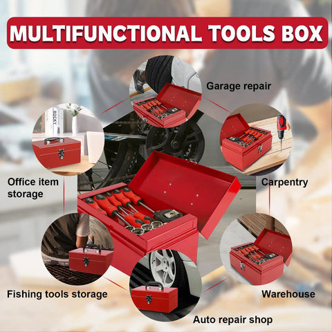 No Cap Heavy Duty Metal Tool Box With Secure Latch Lock, Portable 12 Inch Steel Storage Case For Job Sites And Backyard Builds, Durable Powder Coated Shell In Bold Red in various use cases.