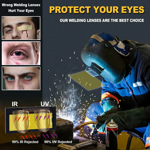 Pro Level Auto Darkening Welding Lens With 2X4 Viewing Area And Variable Shade 5 To 13 Adjustable Sensitivity Recovery Dial Straight Up True Color Glass demonstrating eye protection during welding.