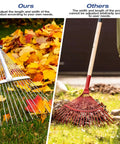 Comparison of adjustable metal leaf rake with telescoping handle and non-adjustable rake for lawn cleanup.