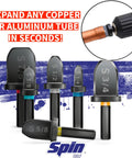 Six Piece Drill Bit Swaging Tool Set For Expanding Copper And Aluminum Tubes Includes One Quarter Inch, Three Eighths Inch, One Half Inch, Five Eighths Inch, Three Quarters Inch, Seven Eighths Inch Bits For HVAC And Plumbing Retrofit Spin S6000 with close-up of use on copper tube