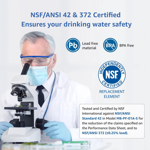 Scientist inspecting Water Filter Replacement For Waterdrop Pitcher And Dispenser PF-01A under a microscope, NSF certified.