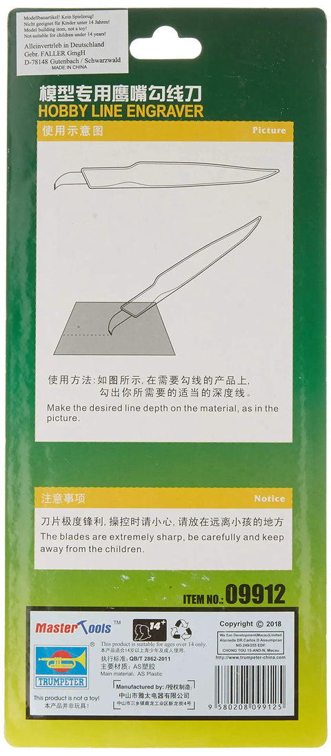 Back of packaging for Precision Panel Line Engraver Tool For Scale Model Builders, showcasing usage instructions and safety notice.