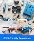 MBot Arduino Robot Kit With Scratch Coding Box For Kids Ages 8 To 12 Learn To Code With Block Based Games And Fun Projects A Hands On STEM Toy To Build Tinker And Master Creative Tech Skills. Blue metal robot kit parts and assembled car