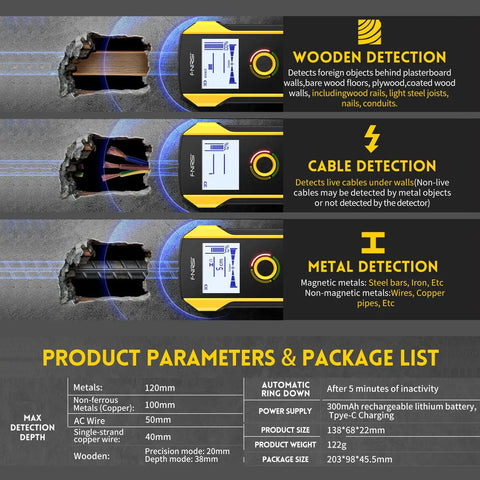 Heavy Duty Multi Function Stud Finder And Wall Scanner showing wooden, cable, and metal detection features, ideal for quick home fixes.